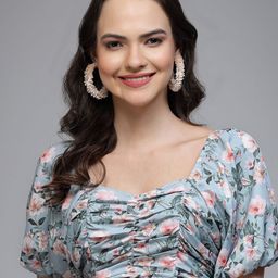 Fabway Clothing Floral Print Sweetheart Neck Puff Sleeve Crepe Styled Back Crop Top-image-98
