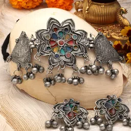 Moedbuille Silver-Plated Oxidised Ghungroo-Studded Meenakari Work Jewellery Set-image-92