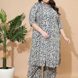 Vbuyz Black Floral Printed Mandarin Collar Three-Quarter Sleeves Regular Kurta & Palazzo-24