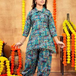 Muhuratam Girls Sea Green Pure Cotton Kurta Sets-image-83