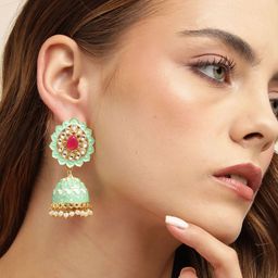 Anouk Gold-Plated Artificial Stones Studded & Beaded Dome Shaped Jhumkas-7