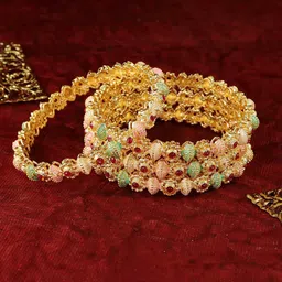zulka Set of 4 Traditional Gold Plated Metal Red Zircon Gemstone Studded Bangles-picture-0