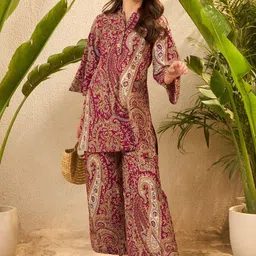 IMANA Printed Collared Neck Top With Trousers Co-Ords-3