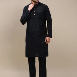 WHITE HEART Geometric Woven Design Band Collar Straight Kurta With Pyjama-image-13