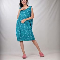 CLYMAA Blue Pure Cotton Maxi Printed Nightdress-image-95