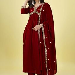 FASHIRE Floral Yoke Design Thread Work Anarkali Kurta with Trousers & With Dupatta-image-30