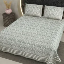 LIVING ROOTS Green & Off White Floral Cotton 210 TC King Bedsheet with 2 Pillow Covers-image-62