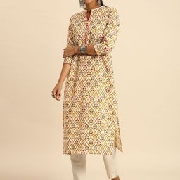 Rajnandini Women Beige & Pink Ethnic Motifs Printed Cotton Kurta-image-18