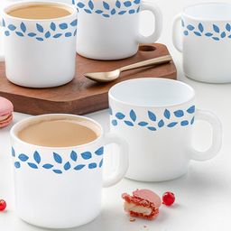 Larah by BOROSIL Blue Leaves White & Blue Set of 6 Printed Opalware Glossy Cups 180 ML-1