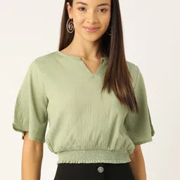 WISSTLER Flared Sleeve Smocked Crepe Cinched Waist Top-image-19
