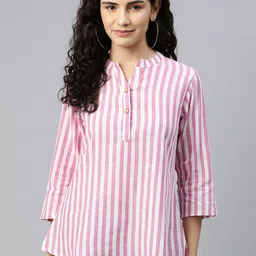 Cottinfab Striped Mandarin Collar Cotton Top-image-89