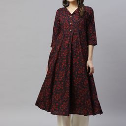 MIRAVAN Women Maroon & Navy Blue Ethnic Motifs Printed Cotton Anarkali Kurta-9