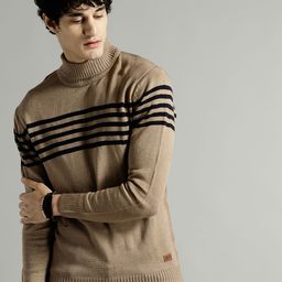 Roadster Men Beige & Navy Blue Striped Pullover-2