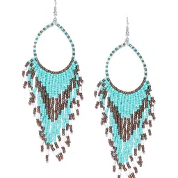 Crunchy Fashion Sea Green & Bronze-Toned Beaded Tasselled Drop Earrings-image-90