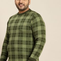 Sztori Men Plus Size Green Checked Round Neck Pullover-14