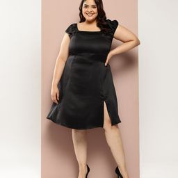 Sztori Plus Size Smocked Back Lace-Up Satin Finish A-Line Dress-7