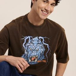 HERE&NOW Graphic Printed Drop-Shoulder Sleeves Pure Cotton Casual T-shirt-picture-32