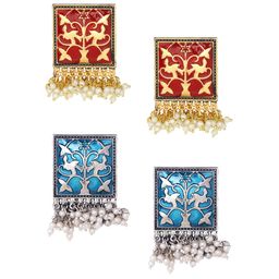 Yellow Chimes Set of 2 Multicoloured Gold Plated Oxidised Stud Earrings image 2