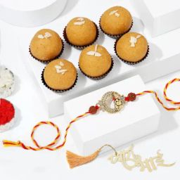 Lord Ganesha CZ Stones Rakhi And Besan Laddoo Combo-image-28