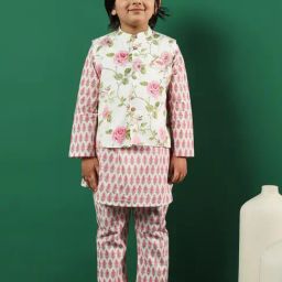 READIPRINT FASHIONS Kids Pink & White Floral Print Full Sleeves Kurta, Pyjamas with Jacket-image-6