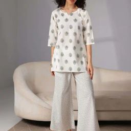 Libas White Cotton Printed Kurti & Pyjama Set-image-41