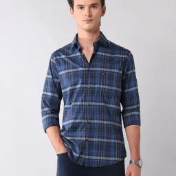 AD by Arvind Navy Blue Cotton Checks Shirt-image-26