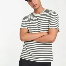 Vimal Jonney Grey & White Cotton Loose Fit Striped T-Shirt-image-67
