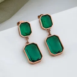QUERALT Stainless Steel Emerald Studded Square Shaped Drop Earrings-image-13