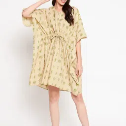 Secrets By ZeroKaata Beige Pure Cotton Printed Short Kaftan Cover Up Dress-image-15