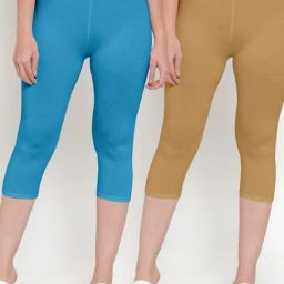 Gracit Sky Blue & Beige Mid Rise Capris - Pack Of 2-image-62