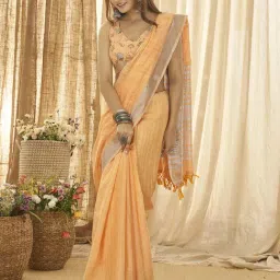Elora Orange Linen Striped Saree With Unstitched Blouse-40