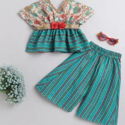 Many Frocks Kids White & Blue Floral Print Top with Plazzos-image-55