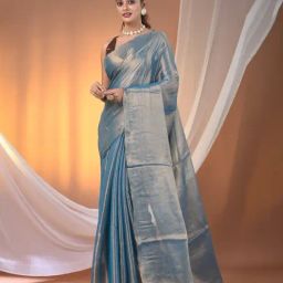 CHARUKRITI Blue Blended Solid Saree With Unstitched Blouse-picture-41