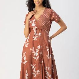 Moomaya Brown Floral Print A Line Dress-image-90