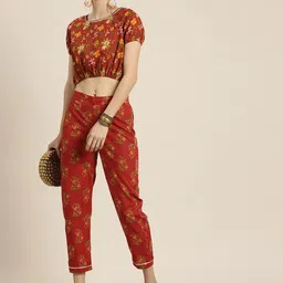 Shae by SASSAFRAS Women Rust Floral Printed Tapered Fit Cotton High-Rise Trousers-image-33