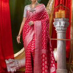 House Of Begum Katan Silk Red With Silver Zari Work With Blouse Piece-image-21