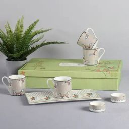 India Circus by Krsnaa Mehta Nature's BloomFloral Blue Bone China Snack Platter & Coffee Mug Set-13