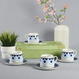 India Circus by Krsnaa Mehta Botanical Elegance Printed Indigo Bone China Cup and Saucer - Set of 4-image-29