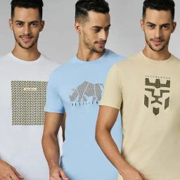 Louis Stitch White, Light Blue & Cream Cotton Regular Fit Graphic T-Shirt - Pack of 3-image-58