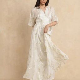 RAREISM Off White Polyester Textured Three-Quarter Sleeves Dress-picture-44