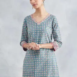 Fabindia Blue Cotton Slim Fit Printed Kurti-picture-11
