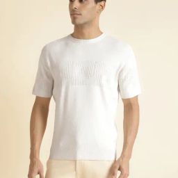 ANDAMEN Off White Regular Fit Self Design Cotton Crew T-Shirt-6