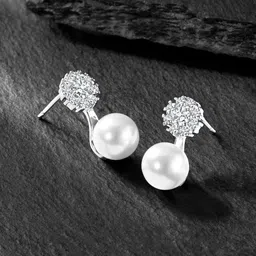 Peora Silver Plated Pearls & Cubic Zirconia Geometric Shaped Drop Earrings With Red Rose-12