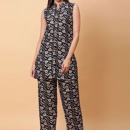 ROSEMELON Floral Printed Mandarin Collar Straight Tunic With Trousers-58
