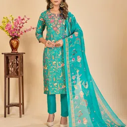 Larqi Floral Embroidered V-Neck Patchwork Pure Cotton Kurta With Trousers & Dupatta-picture-40