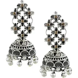 Zaveri Pearls Silver Alloy Antique Floral Jhumki Earrings-8