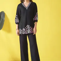 Anouk Black V-Neck Embroidered Liva Top With Trousers-image-52