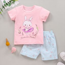Kookie Kids Half Sleeves Top & Shorts Set Bunny Print - Pink-image-11