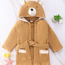 Babyhug Full Sleeves Hooded Bear Bath Robe With 3D Ears - Brown-image-51