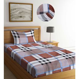 Arrabi Checks Print TC Cotton Blend Single Size Fitted Bedsheet with 1 Pillow Cover - Multicover-28